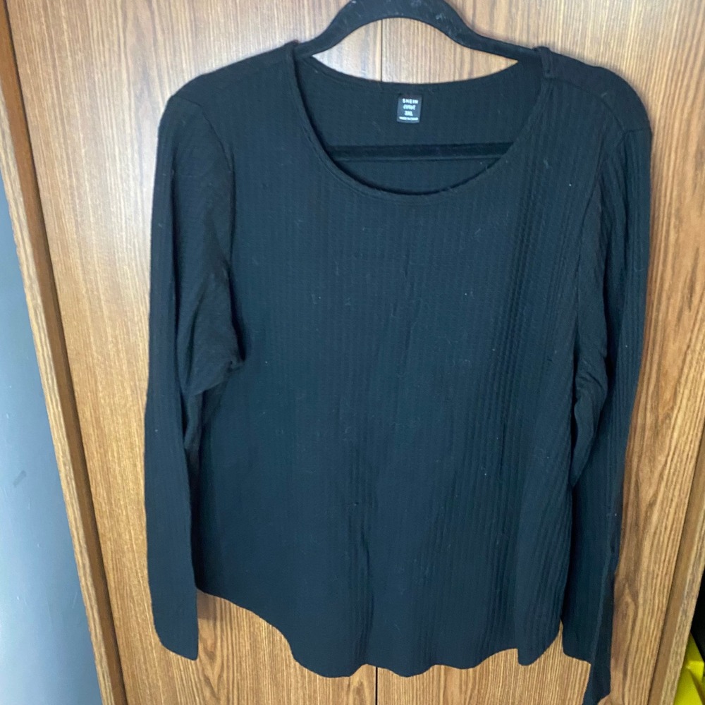 SHEIN CURVE Long Sleeve Top Womens 3XL Black Waffle Knit Scoop Neck Curved Hem